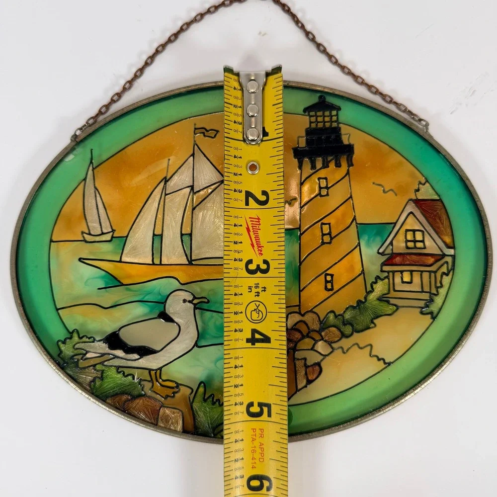 Handpainted Stained Glass‎ Oval Sun Catcher Lighthouse Sailboats Seagull Coastal
